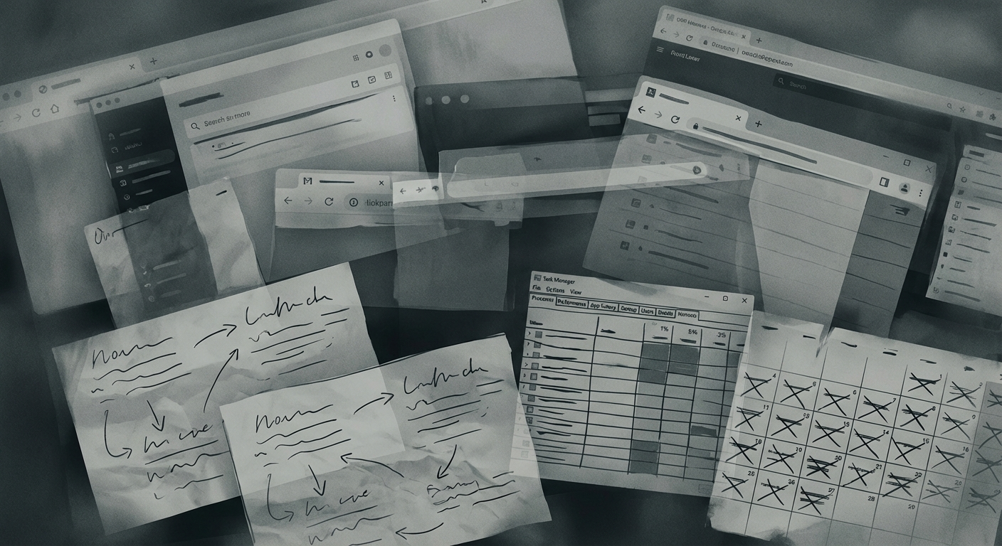 Digital chaos - overlapping apps, scattered notes, overwhelming browser tabs